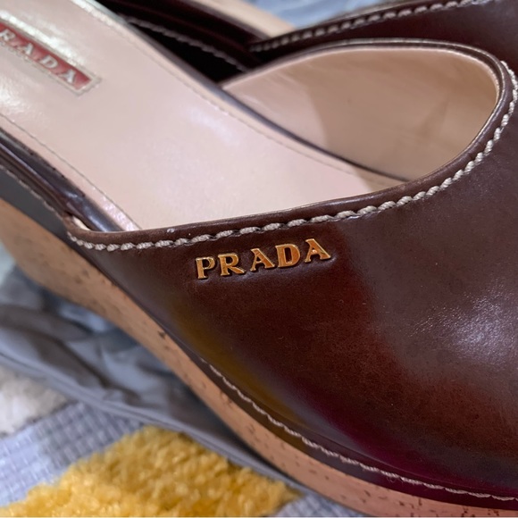 PRADA Brown Leather Logo Cork Platform Open-Toe Wedge Sandals - Picture 9 of 16